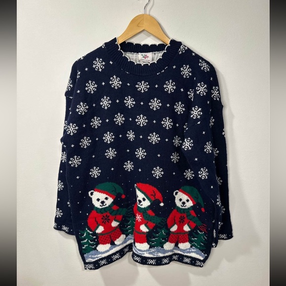 Nutcracker Sweaters - VTG Nutcracker Festive Teddy Bear Sweater Blue White Funky Hippie Boho Size L